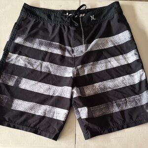 Hurley Black Swim Board Shorts with Gray Distressed Stripes